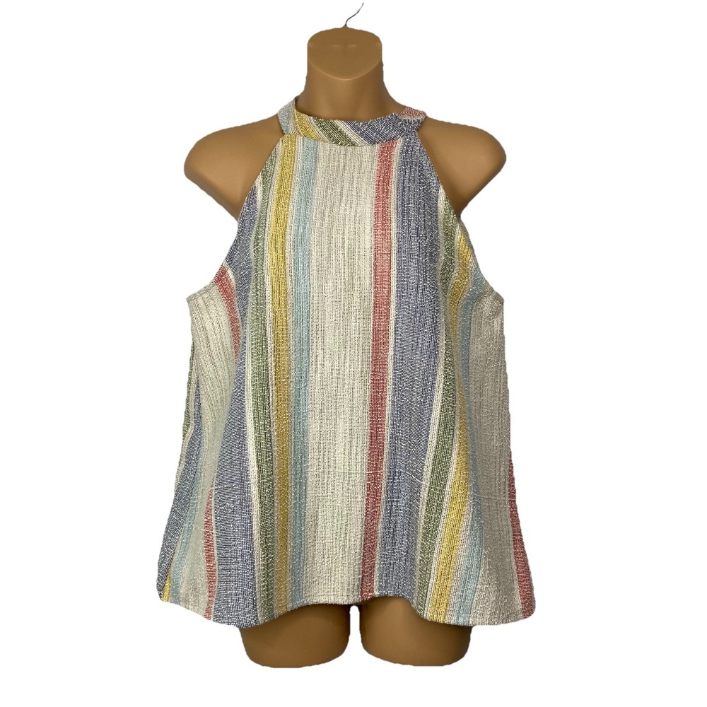 W5‎ Anthropologie Halter Top Women's Medium Stripe Tweed Sleeveless Button Back